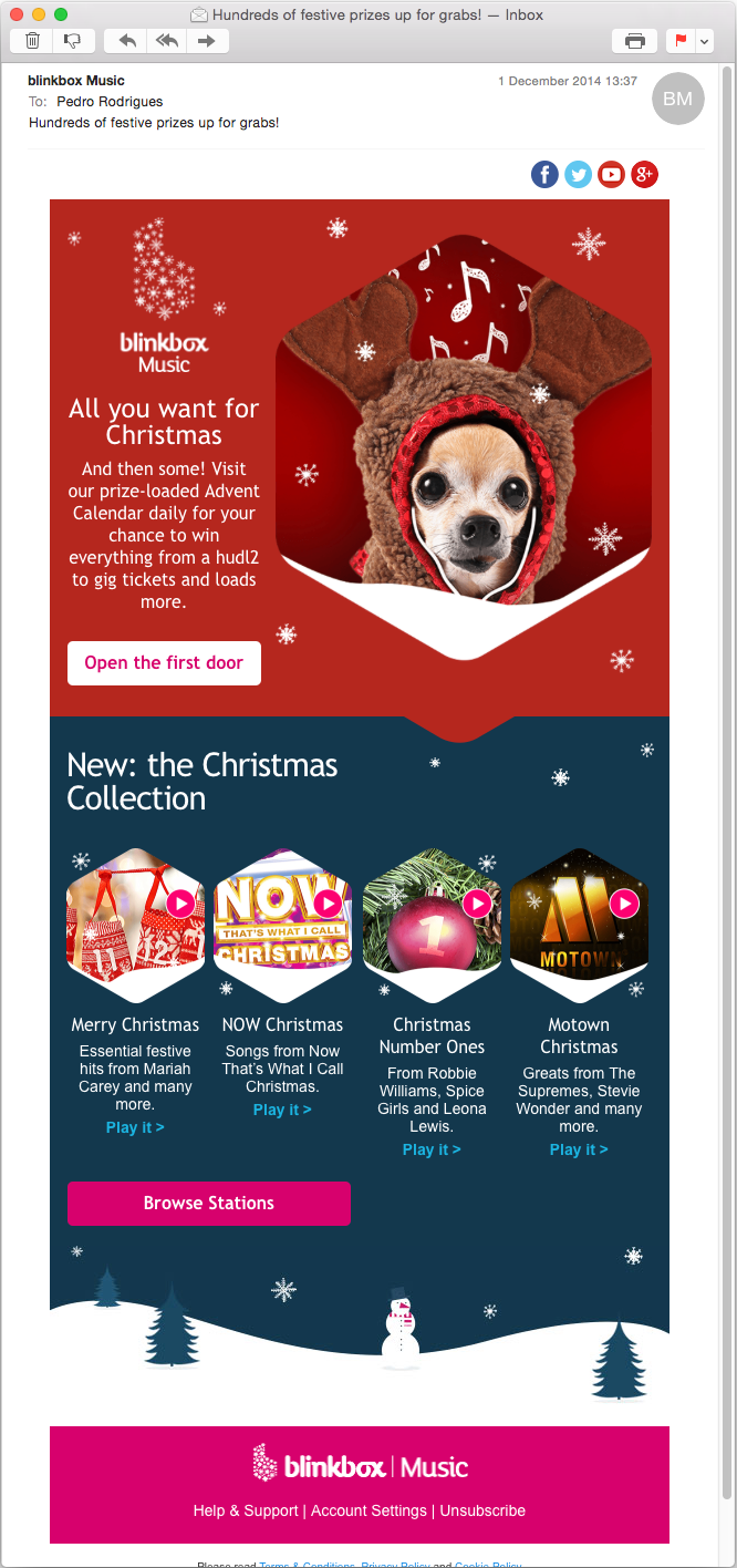 Image of Blinkbox Music email newsletter with the christmas 2014 Mascot, this mascot is a dog chihuahua wearing a hoodie and wired apple pods with music notation symbols on the background, colors red, brown, white and dark browns and dark reds. This is an image related to a project inside Pedro Rodrigues (Treze413) graphic design portfolio.