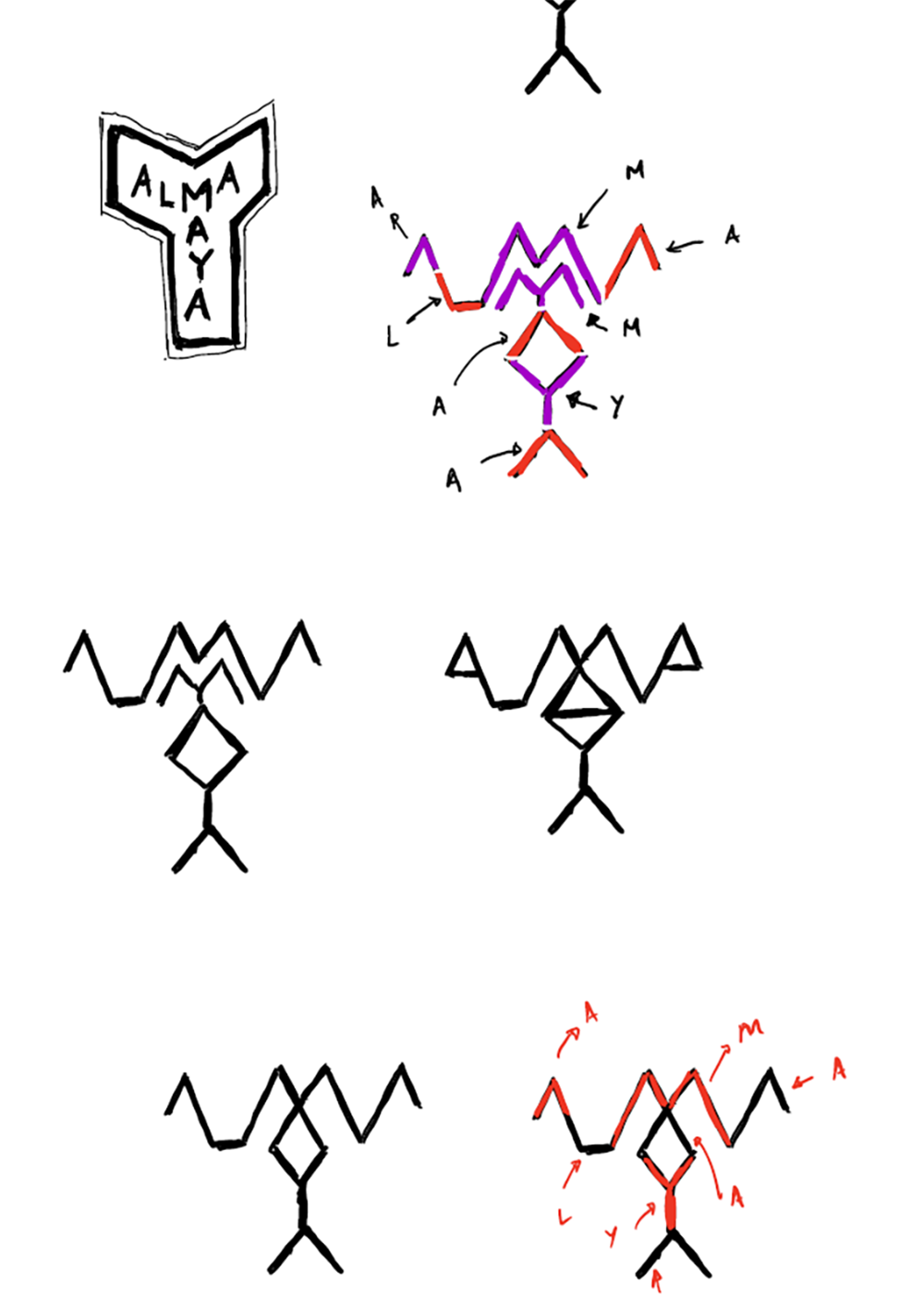 Image of the first versions of the logo Alma Maya.  This is an image related to a project inside Pedro Rodrigues (Treze413) graphic design portfolio.