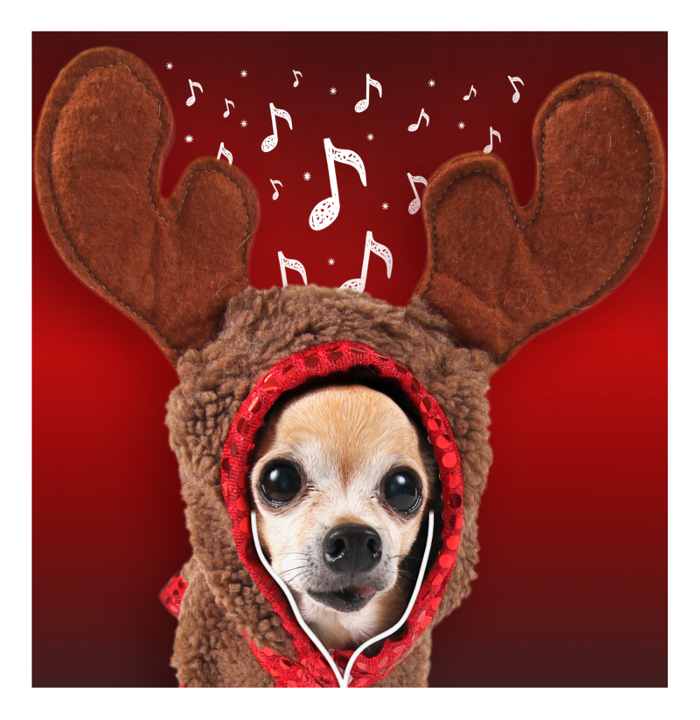Image of Blinkbox Music Christmas 2014 Mascot, this mascot is a dog chihuahua wearing a hoodie and wired apple pods with music notation symbols on the background, colors red, brown, white and dark browns and dark reds. This is an image related to a project inside Pedro Rodrigues (Treze413) graphic design portfolio.