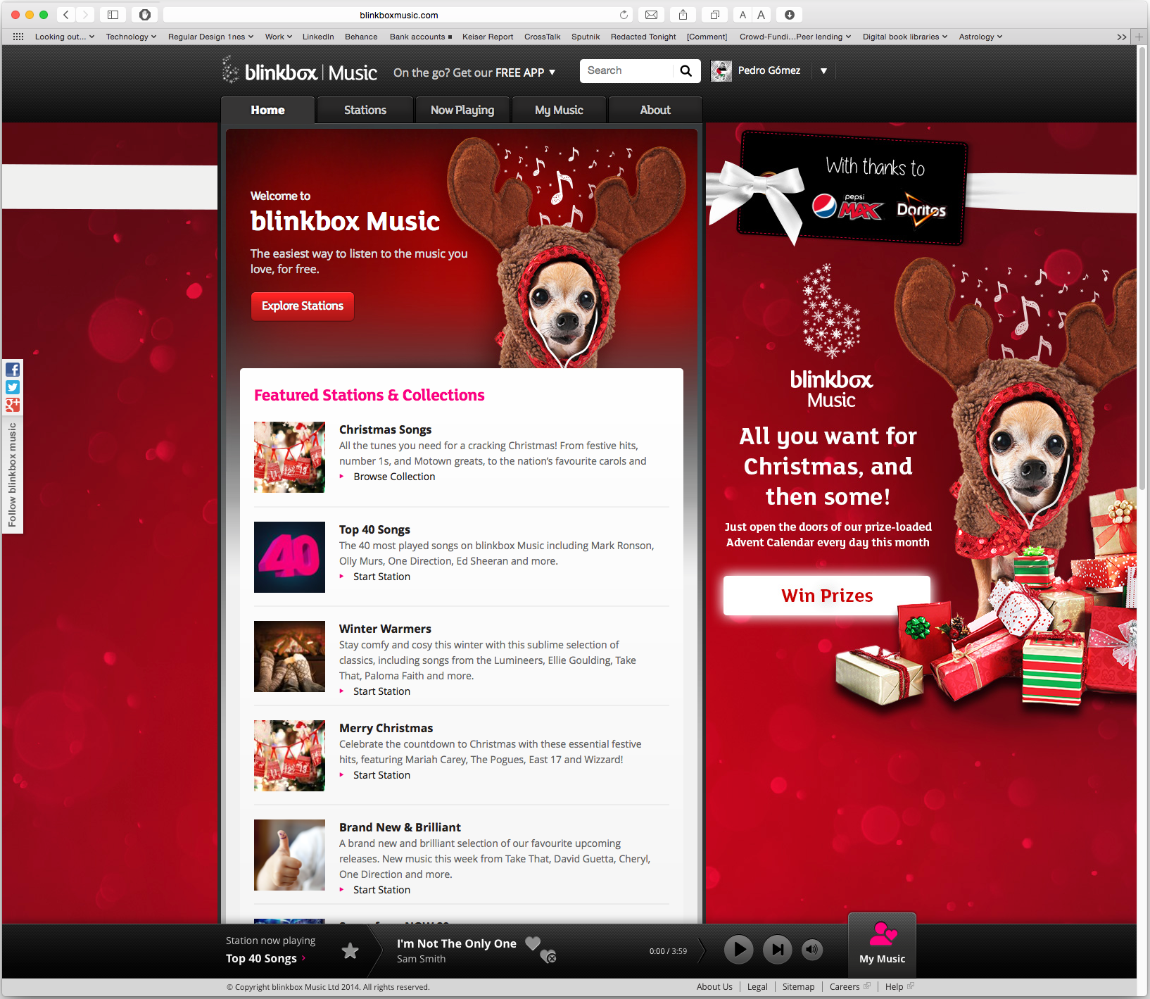 Image of Blinkbox Music Website with the christmas 2014 Mascot, this mascot is a dog chihuahua wearing a hoodie and wired apple pods with music notation symbols on the background, colors red, brown, white and dark browns and dark reds. This is an image related to a project inside Pedro Rodrigues (Treze413) graphic design portfolio.