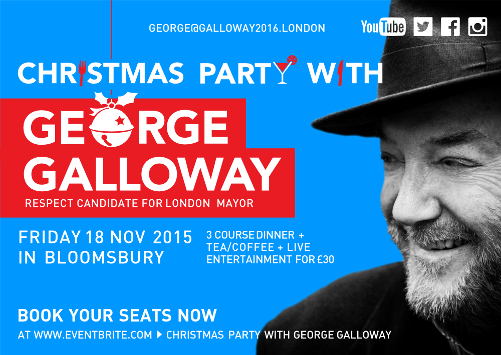 Image of George Galloway for London Mayor 2016 A7 flyer for his chrismas event related to his political campaign. This is an image related to a project inside Pedro Rodrigues (Treze413) graphic design portfolio.